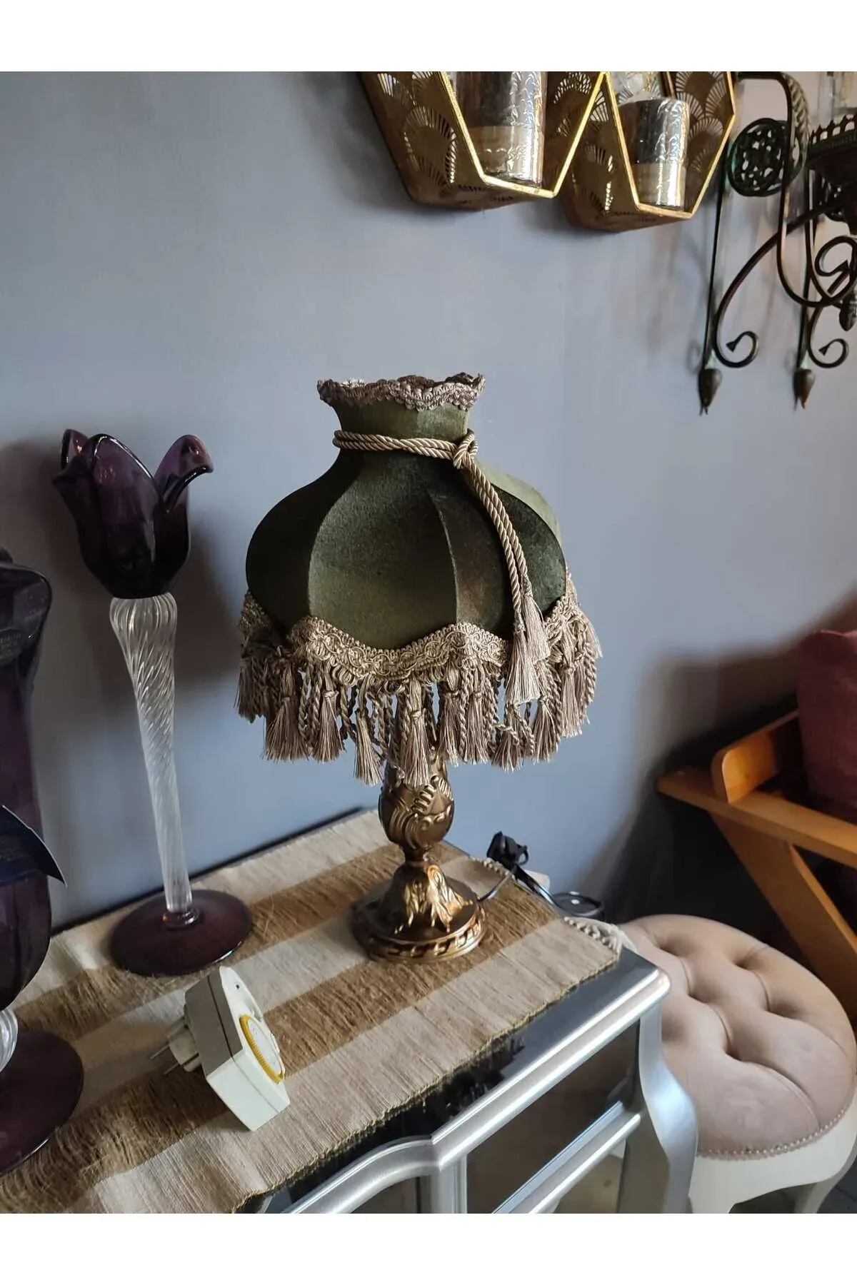 Klasik Abajur Yeşil Şapka Bronz Ayak 51cm.