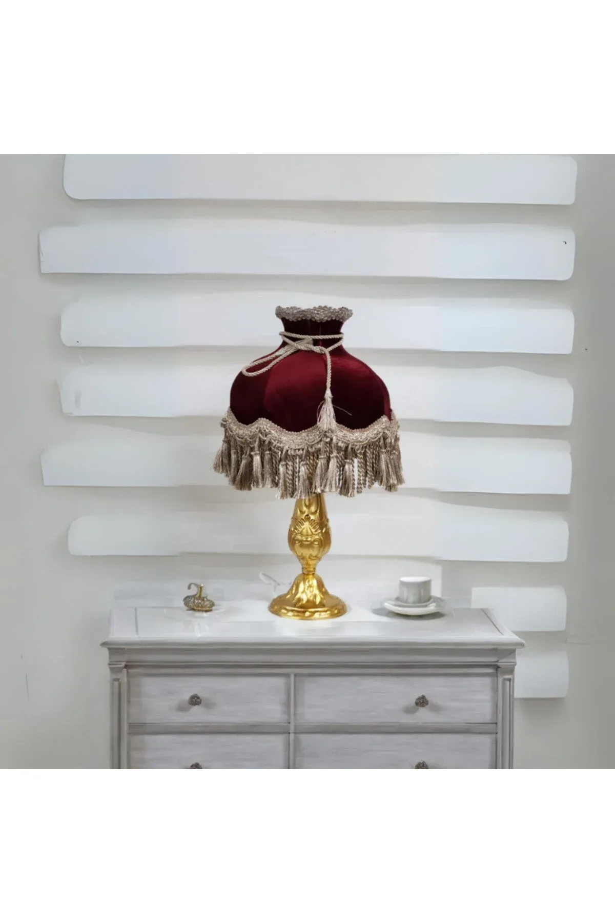 Klasik Abajur ALTIN Ayak BORDO Şapka 51cm.