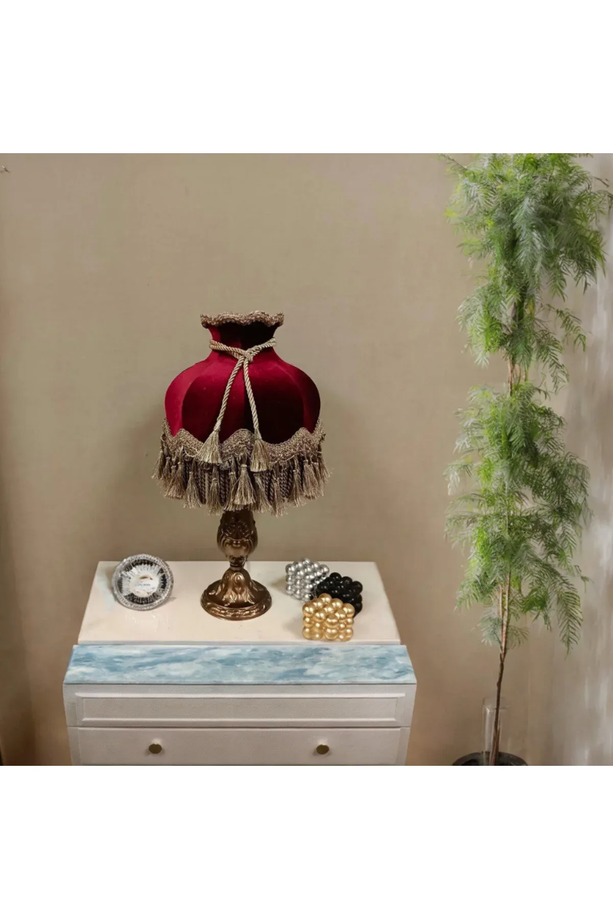 Klasik Abajur Bordo Şapka Bronz Ayak 51cm.