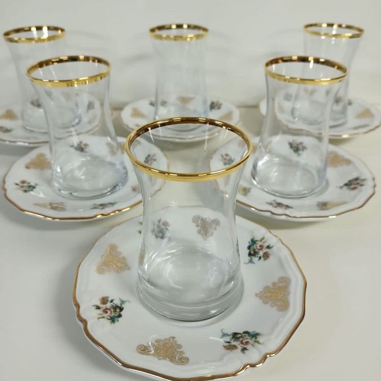 Porselen Tabaklı Çay Bardak Seti 6'lı