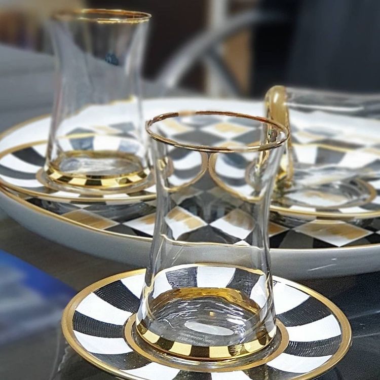 6'lı Çay Bardağı Takımı El Boyama Damalı