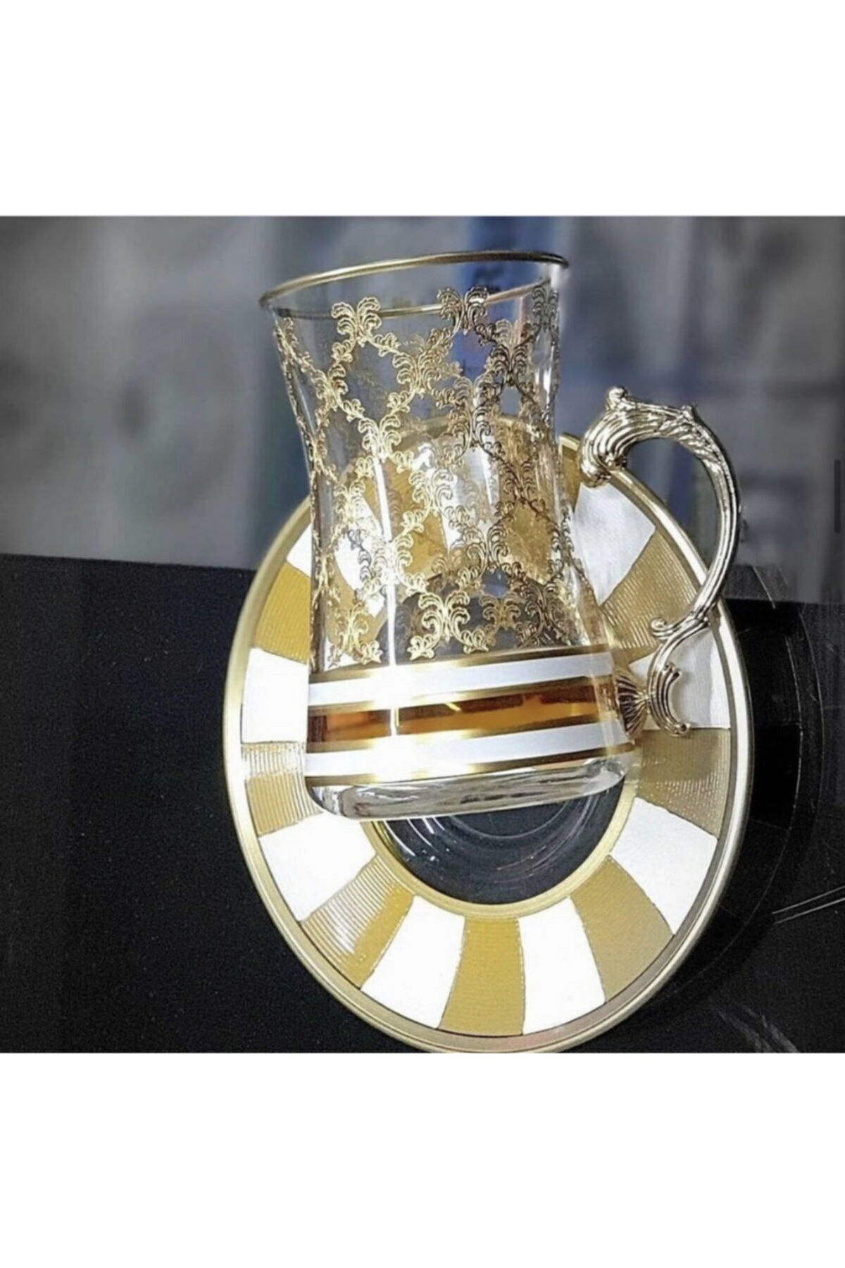 Sarı Beyaz Kulplu Çay Bardagı Damalı 6'lı